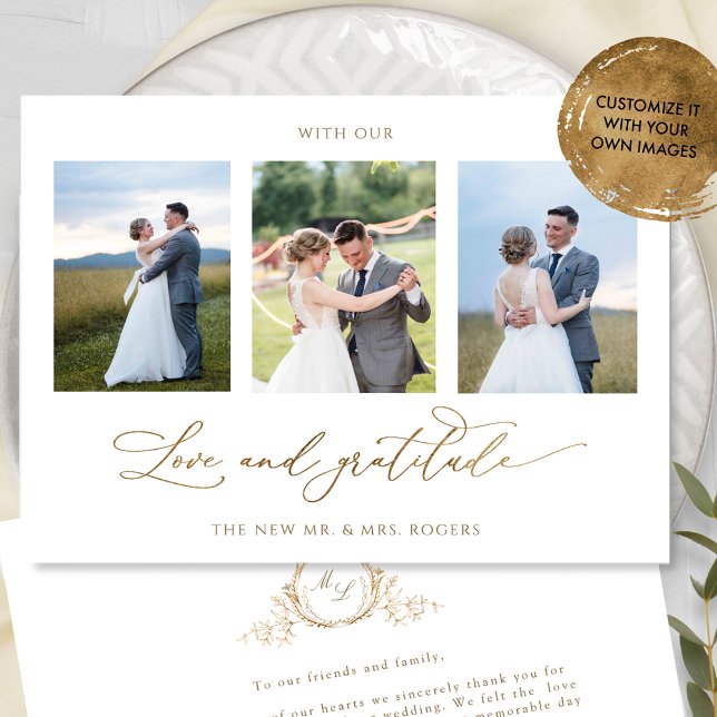 Photo, Formal Monogram, Love and Gratitude Wedding Thank You Card (Creator Uploaded)