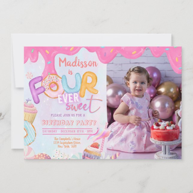 Photo Fourever Sweet Girl 4th Birthday Invitation (Front)