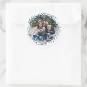 Photo Frame Hanukkah Blue Wreath Classic Round Sticker