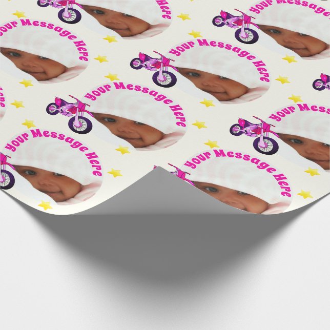 Photo Frame, Pink Motorcycle and Custom Message Wrapping Paper (Corner)