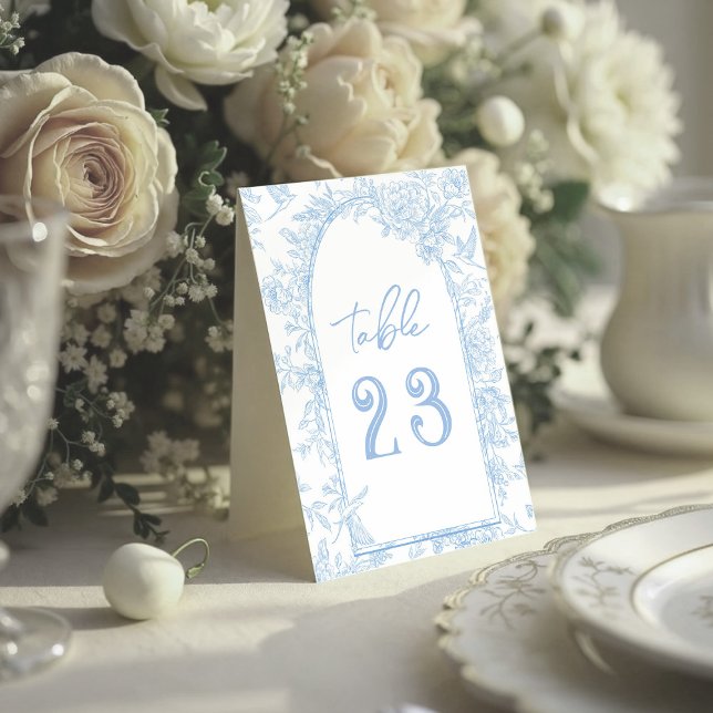 Photo French Toile Blue and White Floral Wedding (Wedding Table Number French Toile inspired blue and white florals)
