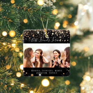 Photo friends forever black gold glitter name ceramic ornament