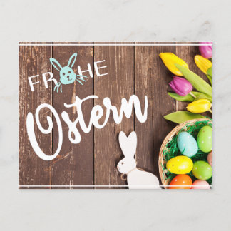 Photo Frohe Easter with tulips and rabbit Postcard