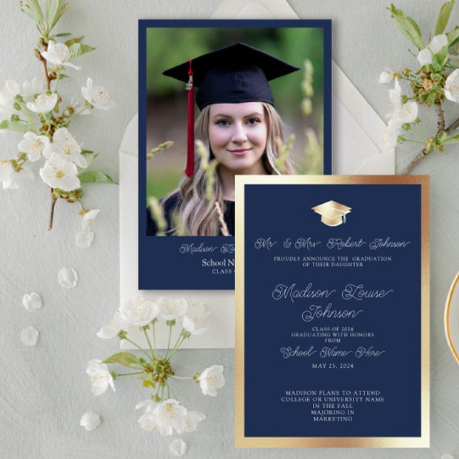 Photo From Parents Navy Blue & Gold Graduation Invitation (Marking Milestones with Grace. #GradSuccess)