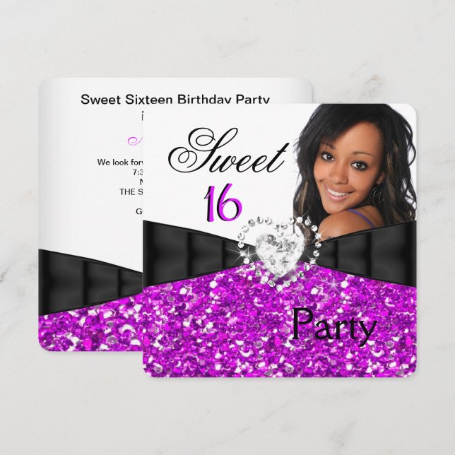 Photo Fuchsia Glitter Sweet 16 16th Birthday Party Invitation (Front/Back)