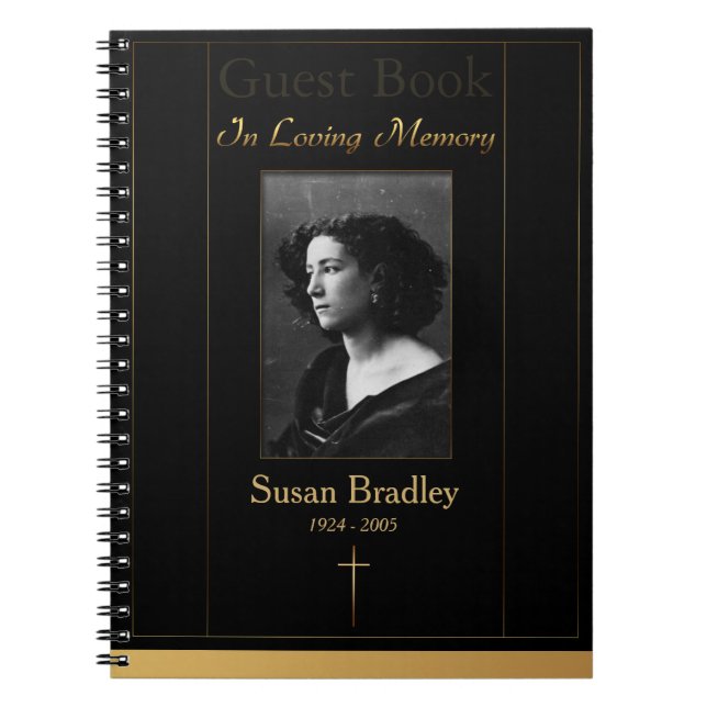 Photo Funeral Guest Book with gold piping + Cross (Front)