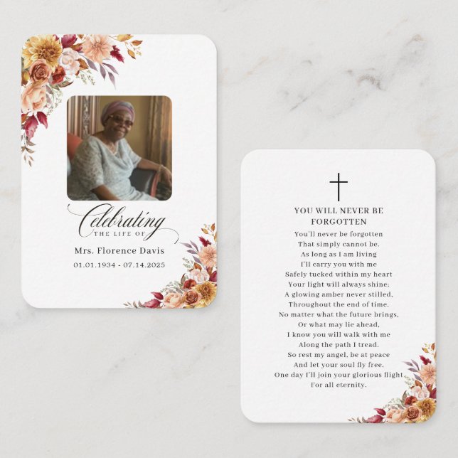 Photo Funeral Memorial Floral Prayer Card (Front/Back)