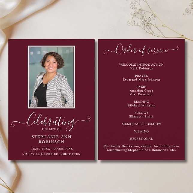 Photo Funeral Modern Order of Service Burgundy  Programme (Creator Uploaded)