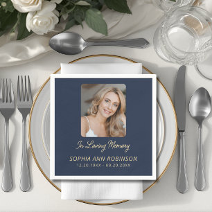Photo Funeral Sympathy Memorial Gold Script Blue Napkin