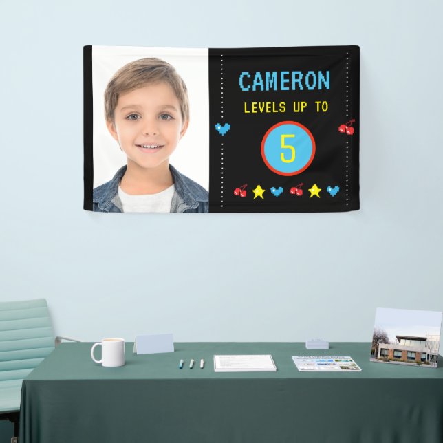Photo Gamer Pixel Arcade level up 5th birthday Banner (Tradeshow)