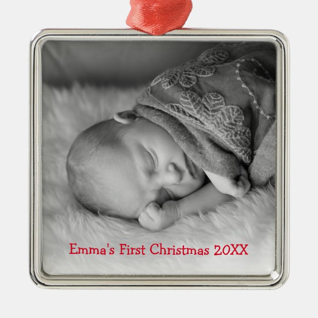 Photo Gender Neutral Red Babys First Christmas Metal Tree Decoration (Front)