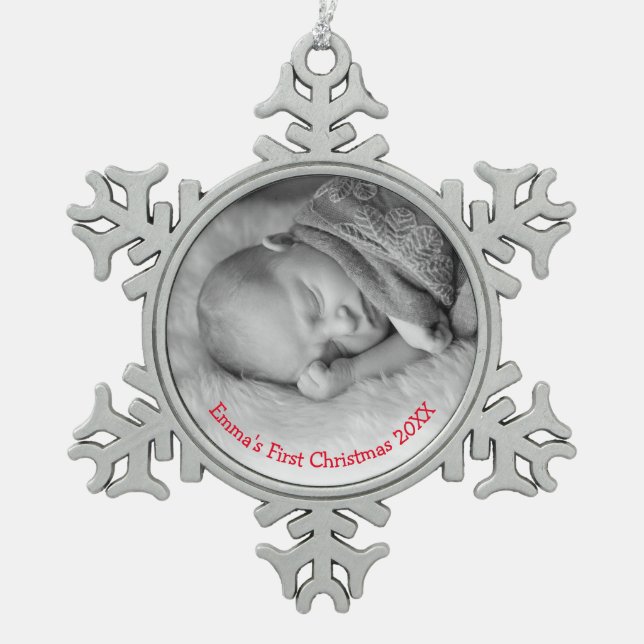 Photo Gender Neutral Red Babys First Christmas Snowflake Pewter Christmas Ornament (Front)