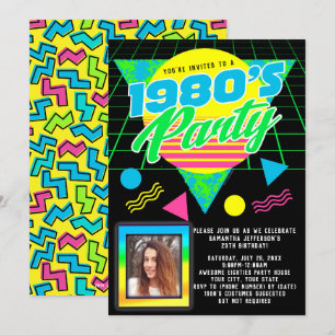 Photo Geometric 1980s Retro 80s Birthday Party Invitation