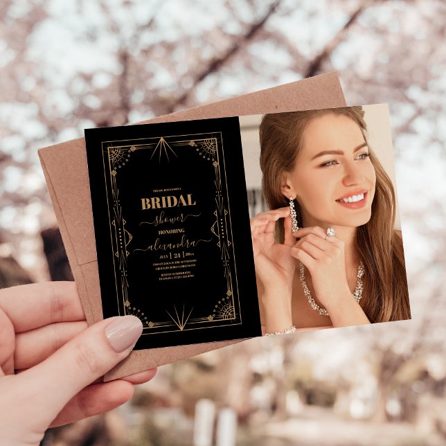 Photo Geometric Black Gold Gatsby Bridal Shower Invitation (Creator Uploaded)