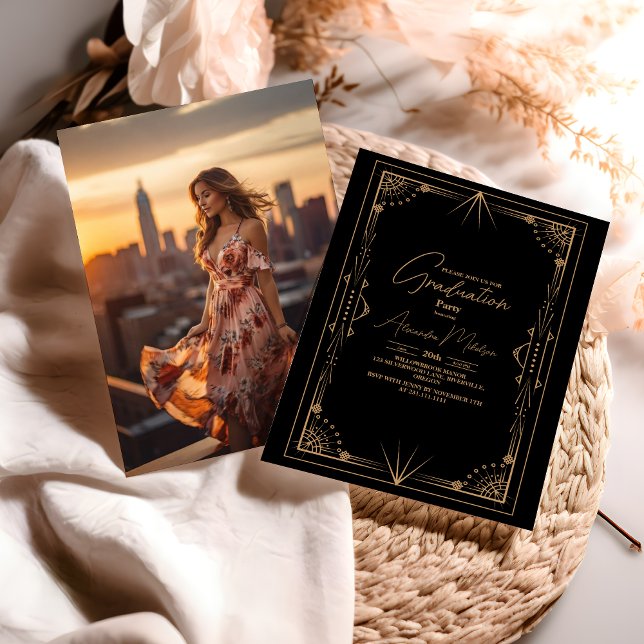 Photo Geometric Black Gold Gatsby Graduation Invitation (Creator Uploaded)