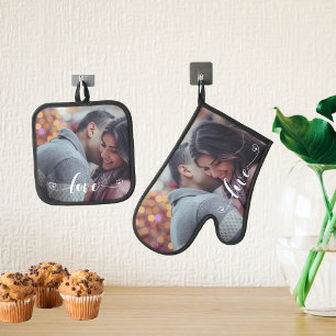 Photo Gift Love Script  Oven Mitt & Pot Holder Set