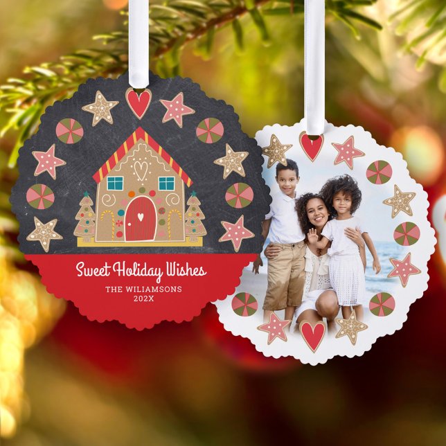 Photo Gingerbread Sweet Holiday Wishes Chalkboard Tree Decoration Card (Creator Uploaded)