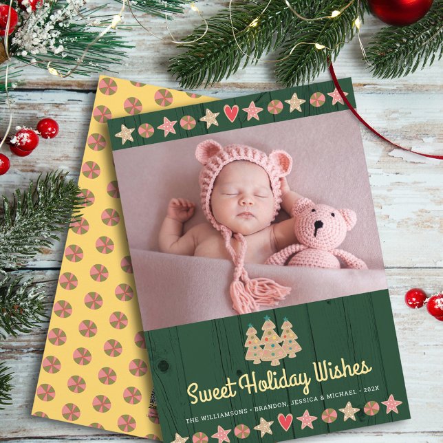 Photo Gingerbread Sweet Wishes Green Rustic Wood Holiday Card (Creator Uploaded)