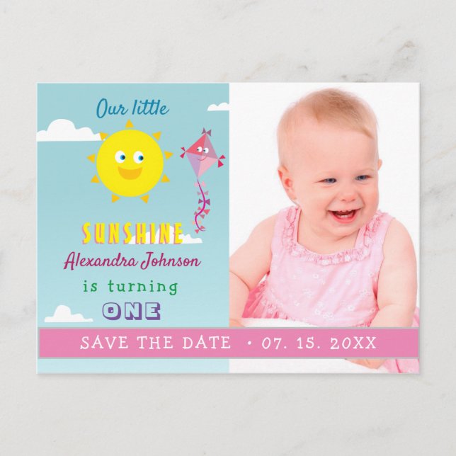 Photo Girl 1st Birthday Save The Date Announcement Postcard (Front)