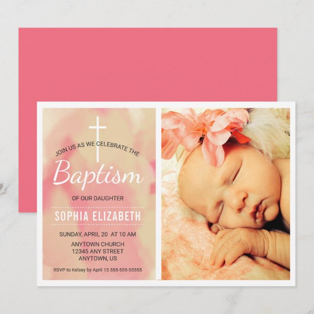 Photo Girl Baptism, Watercolor Pink and Gold Invitation (Front/Back)