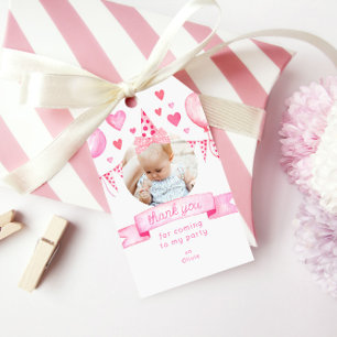 Photo Girl Bow Coquette Pink Birthday Thank You Gift Tags