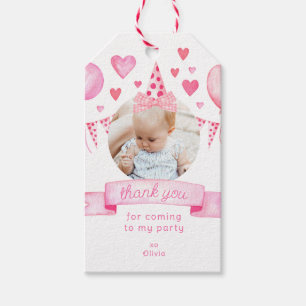 Photo Girl Bow Coquette Pink Birthday Thank You Gift Tags