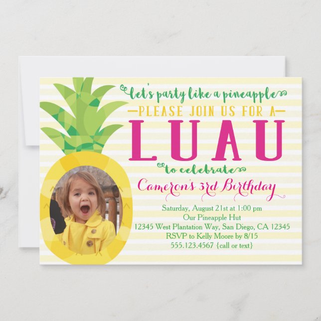 Photo Girl Luau Pineapple Birthday Invitation (Front)