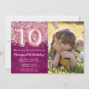Photo Girl Magenta Pink Glitter 10th Birthday Invitation