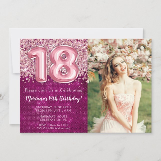 Photo Girl Magenta Pink Glitter 18th Birthday Invitation (Front)