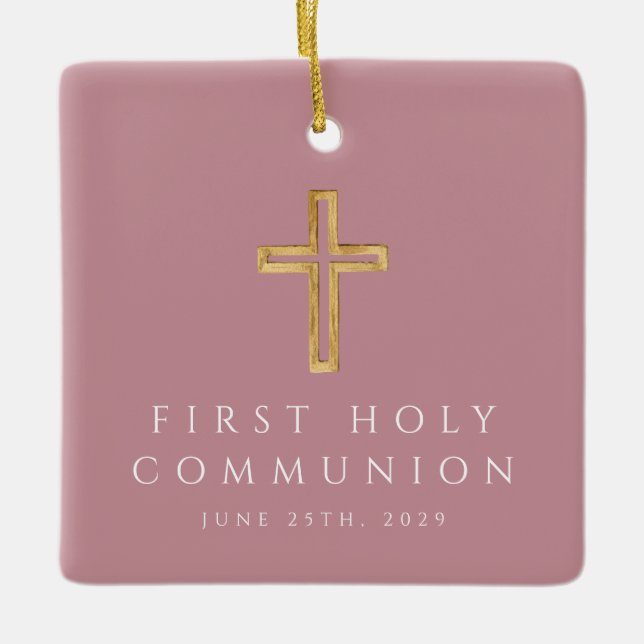 Photo Girl Religious Cross Pink First Communion Ceramic Ornament (Front)