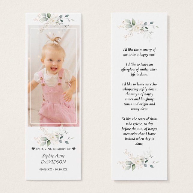Photo Girl Roses Memorial Funeral Poem Bookmark (Front & Back)