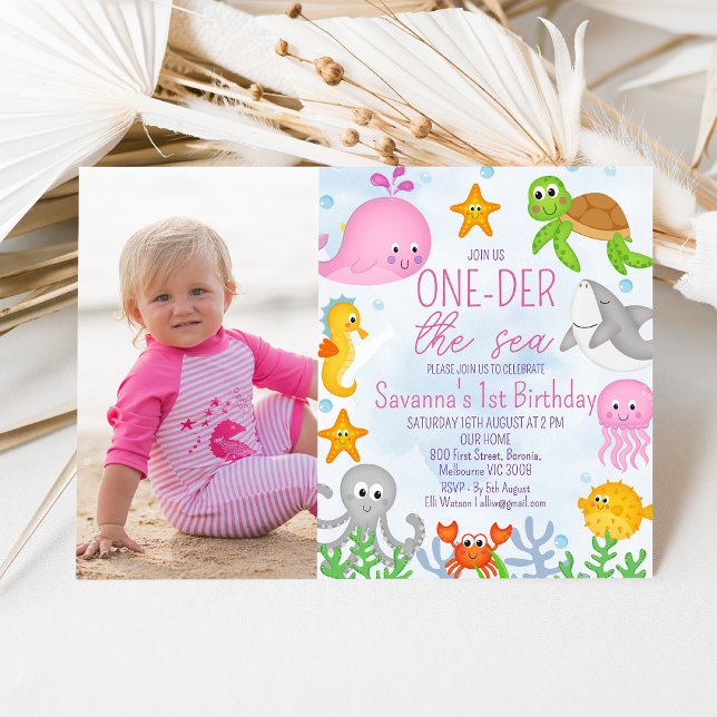 Photo Girl's One-der The Sea 1st Birthday Invitation (Sweet under the sea or one-der the sea 1st birthday invitation for a girl featuring a pink whale.)
