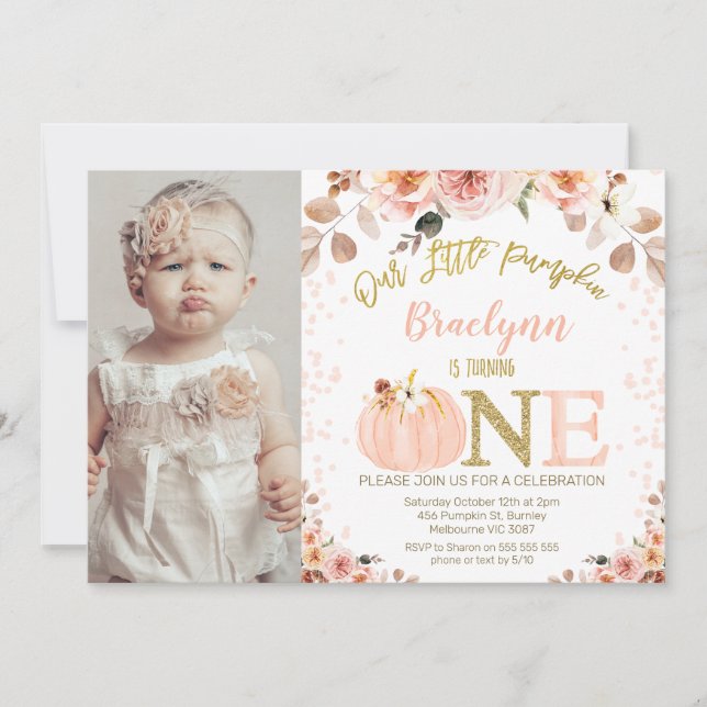 Photo Girls Rustic Fall Pumpkin 1st Birthday Invitation (Front)