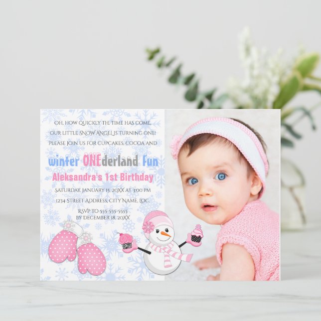 Photo Girl's Winter ONEderland Birthday Party Invitation (Standing Front)
