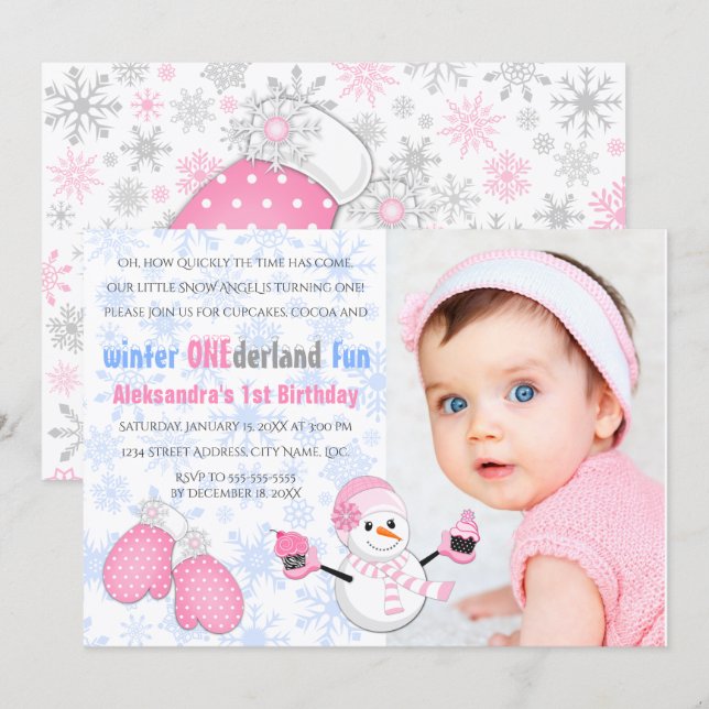 Photo Girl's Winter ONEderland Birthday Party Invitation (Front/Back)