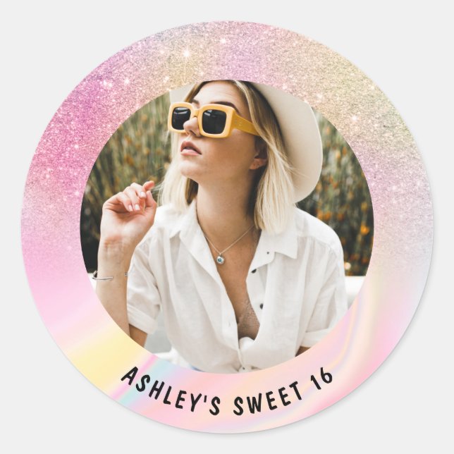 Photo girly chic pink glitter marble Sweet 16 Classic Round Sticker (Front)
