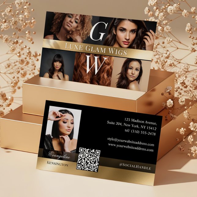Photo Glam Professional Wig Monogram Black Gold Business Card (Photo Glam Professional Wig Monogram Black Gold Business Card)