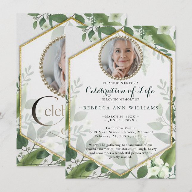 Photo Glitter Foliage Greenery Celebration of Life Invitation (Front/Back)