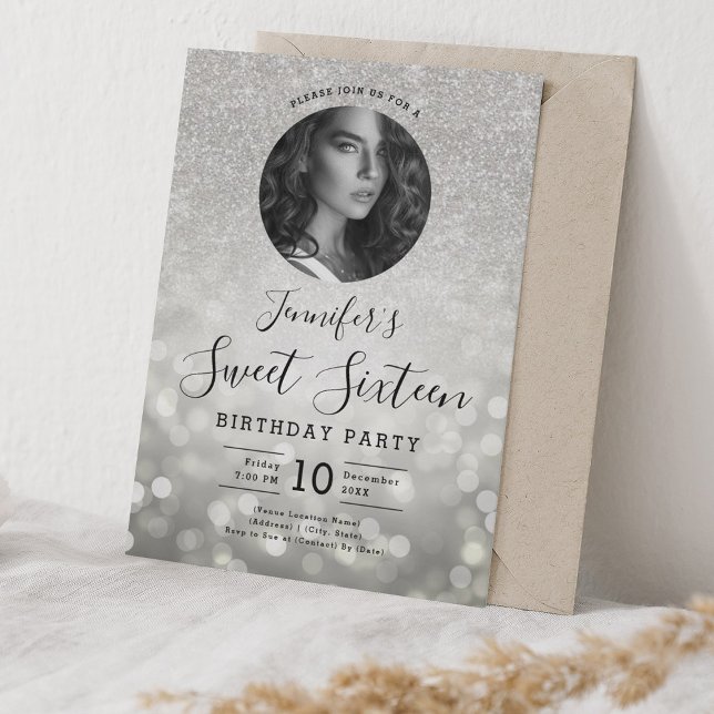 PHOTO Glitter Silver Bokeh Lights Sweet 16  Invitation (PHOTO Glitter Silver Bokeh Lights Sweet 16 Invitation)