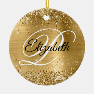Photo Glittery Gold Foil Fancy Monogram Ceramic Tree Decoration