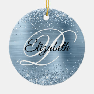 Photo Glittery Light Blue Foil Fancy Monogram Ceramic Tree Decoration