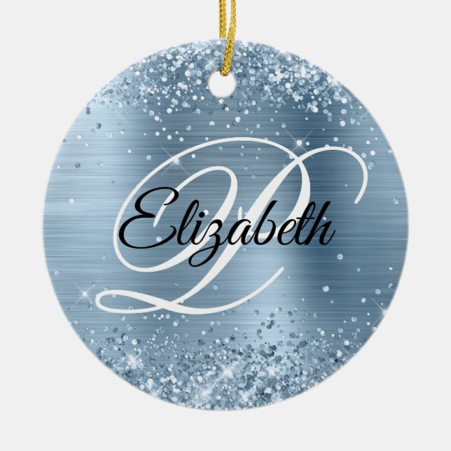 Photo Glittery Light Blue Foil Fancy Monogram Ceramic Tree Decoration (Front)