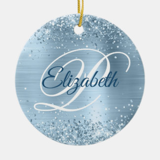 Photo Glittery Pale Blue Foil Fancy Monogram Ceramic Tree Decoration