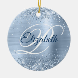 Photo Glittery Pale Dusty Blue Foil Fancy Monogram Ceramic Tree Decoration