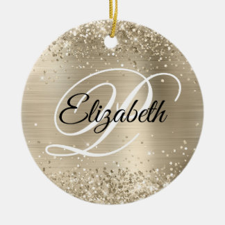 Photo Glittery Pale Gold Foil Fancy Monogram Ceramic Tree Decoration
