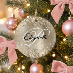 Photo Glittery Pale Gold Foil Fancy Monogram Ceramic Tree Decoration