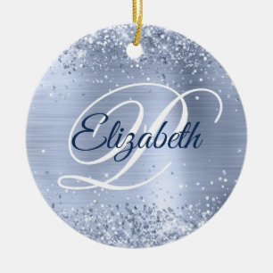Photo Glittery Pale Metallic Blue Fancy Monogram Ceramic Tree Decoration