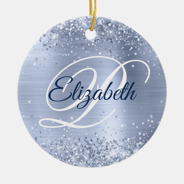 Photo Glittery Pale Metallic Blue Fancy Monogram Ceramic Tree Decoration (Front)