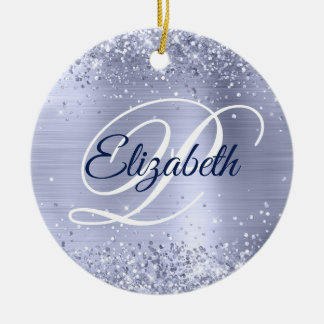 Photo Glittery Pale Metallic Periwikle Monogram Ceramic Tree Decoration