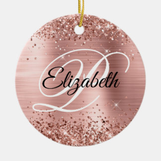 Photo Glittery Rose Gold Foil Fancy Monogram Ceramic Tree Decoration